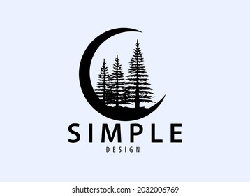 Logo Design Template, Silhouette Of Fir Tree And Half Moon Landscape Icon,