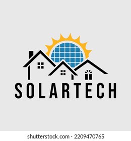 Logo-Design-Vorlage. mit Solarpaneelhaus und Sonnenschein