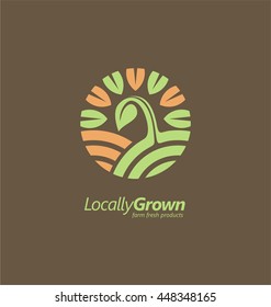 Logo design template with sprout on the field and sun shape in negative space surrounded by green leaves. Locally grown farm fresh product logo inspiration on dark brown background.