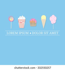 Logo design template with street desserts. Lollipop, popcorn, muffin, ice cream cone, cotton candy. Tag line. Place for text.