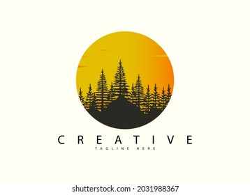 Logo design template, sunset moon and conifers icon in black color