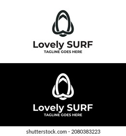 Logo design template with surfing board and love icon.