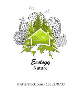 Logo design template of tree and house. Doodle Globe and Building.  The concept of ecology, to save the planet. Eco friendly. Environmentally friendly world. Drawn. Vector illustration. Black-white. 