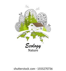 Logo design template of tree and house. Doodle Globe and Building.  The concept of ecology, to save the planet. Eco friendly. Environmentally friendly world. Drawn. Vector illustration. Black-white. 