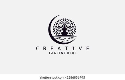 Logo design template. Tree, wind, sea and moon logo design. Modern logo combination of tree and water. Tree Icon Vector Illustration