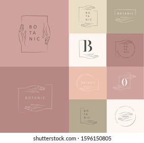 Logo design template in trendy linear minimal style. Vector abstract hands. Abstract symbol for organic products, beauty cosmetics, jewellery and hand crafted.