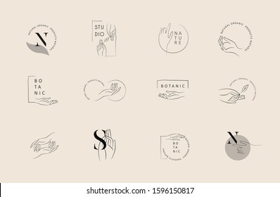 Logo design template in trendy linear minimal style. Vector abstract hands. Abstract symbol for organic products, beauty cosmetics, jewellery and hand crafted.