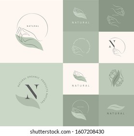 Logo design template in trendy linear minimal style. Vector abstract hands. Abstract symbol for organic products, beauty cosmetics, jewellery and hand crafted.