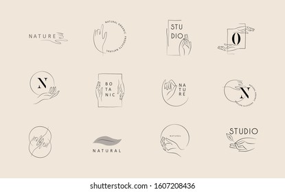 Logo design template in trendy linear minimal style. Vector abstract hands. Abstract symbol for organic products, beauty cosmetics, jewellery and hand crafted.