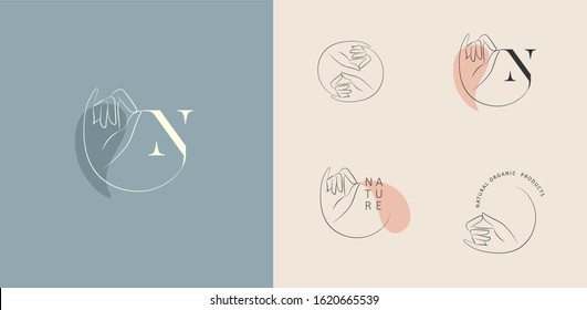 Logo design template in trendy linear minimal style. Vector abstract hands. Abstract symbol for organic products, beauty cosmetics, jewellery and hand crafted.