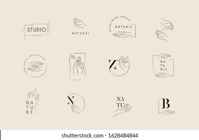 Logo design template in trendy linear minimal style. Vector abstract hands. Abstract symbol for organic products, beauty cosmetics, jewellery and hand crafted.