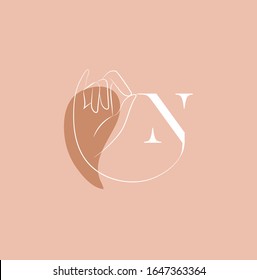Logo design template in trendy linear minimal style. Vector abstract hands. Abstract symbol for organic products, beauty cosmetics, jewellery and hand crafted.