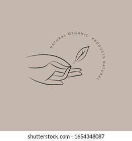 Logo design template in trendy linear minimal style. Vector abstract hands. Abstract symbol for organic products, beauty cosmetics, jewellery and hand crafted.