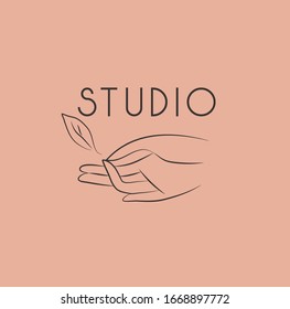Logo design template in trendy linear minimal style. Vector abstract hands. Abstract symbol for organic products, beauty cosmetics, jewellery and hand crafted.