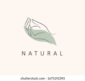 Logo design template in trendy linear minimal style. Vector abstract hands. Abstract symbol for organic products, beauty cosmetics, jewellery and hand crafted.