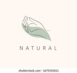 Logo design template in trendy linear minimal style. Vector abstract hands. Abstract symbol for organic products, beauty cosmetics, jewellery and hand crafted.