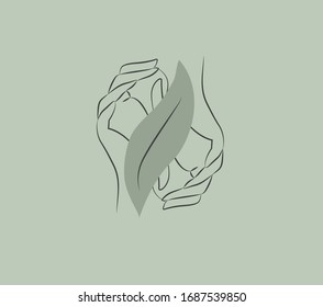 Logo design template in trendy linear minimal style. Vector abstract hands. Abstract symbol for organic products, beauty cosmetics, jewellery and hand crafted.