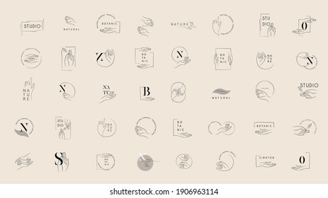 Logo design template in trendy linear minimal style. Vector abstract hands. Abstract symbol for organic products, beauty cosmetics, jewellery and hand crafted.