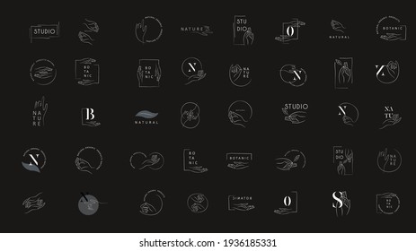 Logo design template in trendy linear minimal style. Vector abstract hands. Abstract symbol for organic products, beauty cosmetics, jewellery and hand