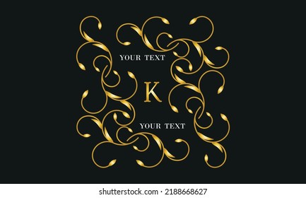 Logo design template in trendy linear style with flowers and leaves, letter K on black background - luxury products, cosmetics packaging, fancy monogram.