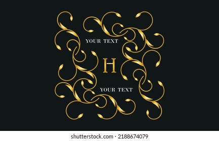 Logo design template in trendy linear style with flowers and leaves, letter H on black background - luxury products, cosmetics packaging, fancy monogram.