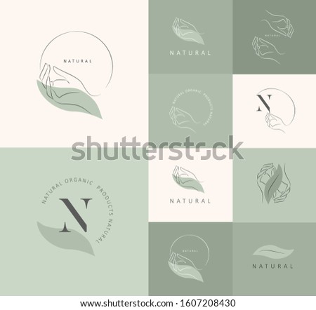 Logo design template in trendy linear minimal style. Vector abstract hands. Abstract symbol for organic products, beauty cosmetics, jewellery and hand crafted.