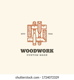 Logo Design Template With Two Chisels And Squares For Wood Shop, Carpentry, Woodworkers, Wood Working Industry. Linear Style. Vector Illustration.