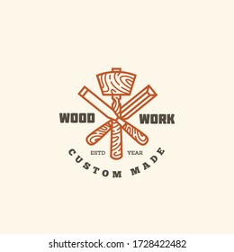 Logo design template with two chisels and mallet for wood shop, carpentry, woodworkers, wood working industry. Linear style. Vector illustration.