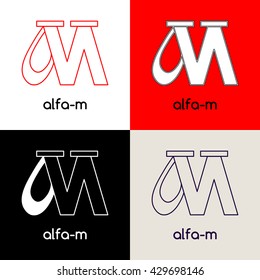 Logo design template with two united letters Alfa and M,  in four variations of black, white, red and grey colors. Vector illustration label.