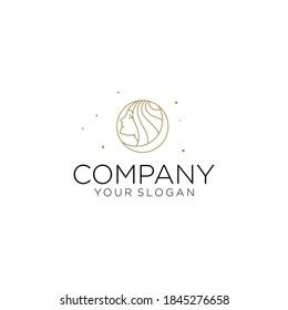 Logo design template vector and abstract concept - woman's face and portrait on circle badge in trendy linear style - beauty symbol for hair salon or organic cosmetics