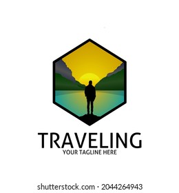 Logo design template. Vector illustration. With a landscape design of the man, lake, mountains and sun silhouette.