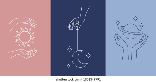 Logo design template with woman's hand and mystical celestial elements - sun, moon and planet. Line art minimalism style. Vector illustration