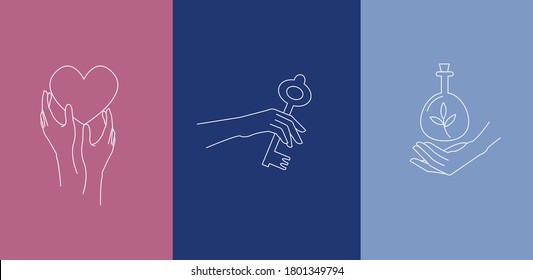 Logo design template with woman's hand and mystical elements - key, heart and bottle with leaf. Line art minimalism style. Vector illustration