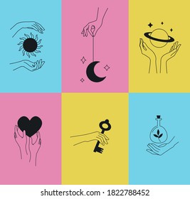 Logo design template with woman's hand and mystical celestial elements - sun, moon, heart, key, poison and planet. Line art minimalism style. Vector illustration