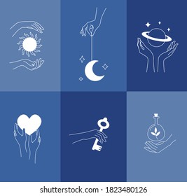 Logo-Design-Vorlage mit der Hand der Frau und mystischen Himmelselementen - Sonne, Mond, Herz, Schlüssel, Gift und Planet. Line Art Minimalismus Stil. Vektorgrafik