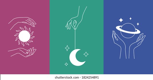 Logo design template with woman's hand and mystical celestial elements - sun, moon and planet. Line art minimalism style. Vector illustration