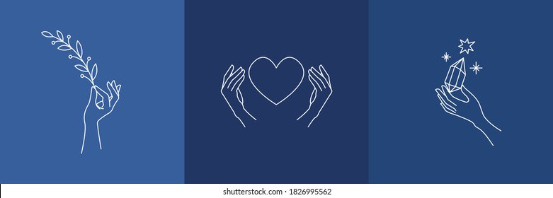 Logo design template with woman's hand and mystical elements - gemstone, heart and leaf. Line art minimalism style. Vector illustration