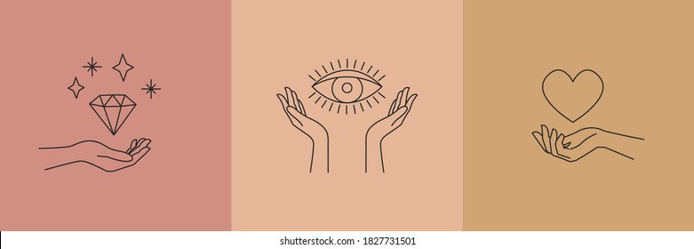 Logo design template with woman's hand and mystical elements - gemstone, heart, eye. Line art minimalism style. Vector illustration