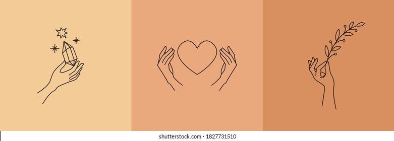 Logo design template with woman's hand and mystical elements - gemstone, heart and leaf. Line art minimalism style. Vector illustration