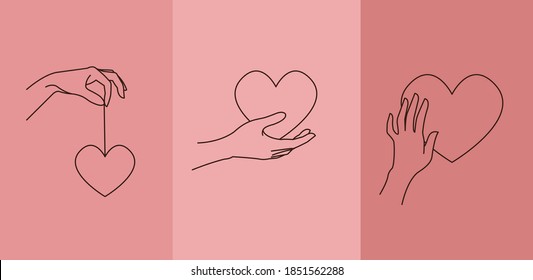 Logo design template with woman's hand holding heart. Line art minimalism style. Vector illustration