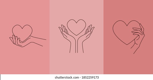 Logo design template with woman's hand holding heart. Line art minimalism style. Vector illustration