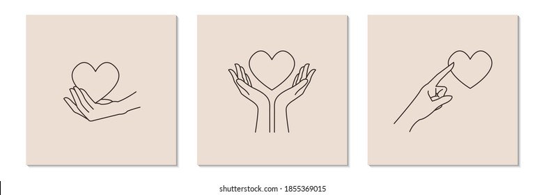 Plantilla de diseño de logotipo con la mano de la mujer sosteniendo el corazón. Estilo minimalista de arte lineal. Ilustración del vector