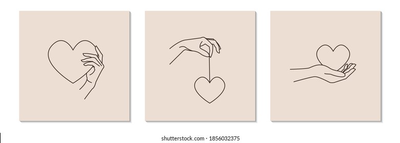 Logo design template with woman's hand holding heart. Line art minimalism style. Vector illustration