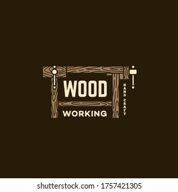 Plantilla de diseño de logotipos con un banco de trabajo para taller de madera, carpintería, obreros de madera, industria de la madera, taller de herramientas. Para un fondo oscuro. Ilustración vectorial.