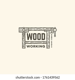 Logo design template with a workbench for wood shop, carpentry, woodworkers, wood working industry, tool shop. Linear style. Vector illustration.