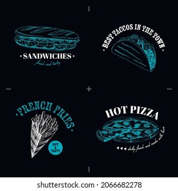 Logo design templates collection for fast food, hand drawn retro vector illustration. Packaging label and card pattern for delivery or menu elements, vintage sketch isolated