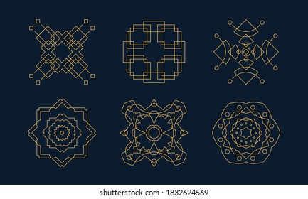 Logo design templates collection. Thin line abstract vector illustrations with editable strokes. Geometrical monogram, Art Deco, Arabic style linear ornament. Golden color icons isolated on background