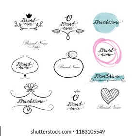 Logo design templates. Hand drawn doodle elements for invitation and greeting cards