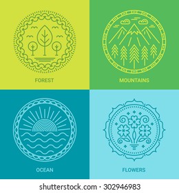 Logo design templates in linear style on Green, Blue and Cyan background. Forest, mountains, ocean and flowers signs - travel and ecology concept. Perfect as emblems, labels and badges