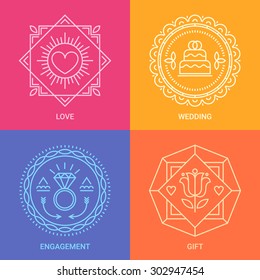 Logo design templates in linear style on Pink, Yellow, Orange and Violet background. Love, wedding, engagement and gift signs - wedding concept. Perfect as emblems, labels and badges